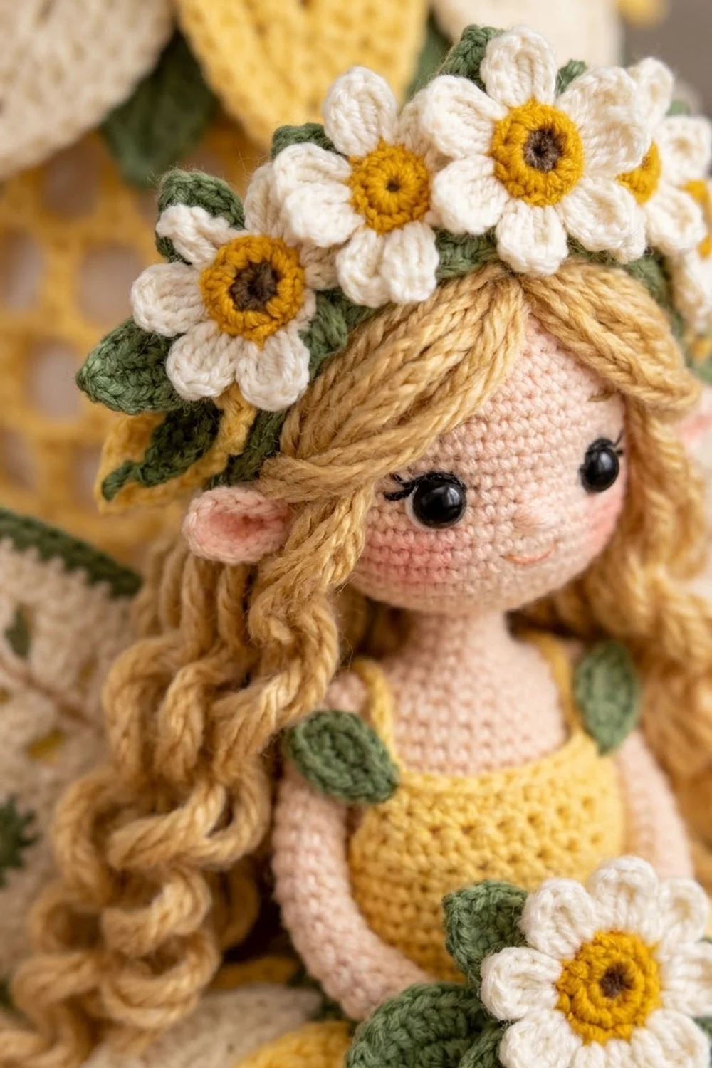 Close-up of a crocheted doll with peach face, golden hair, and white flowers with yellow centers on its head.