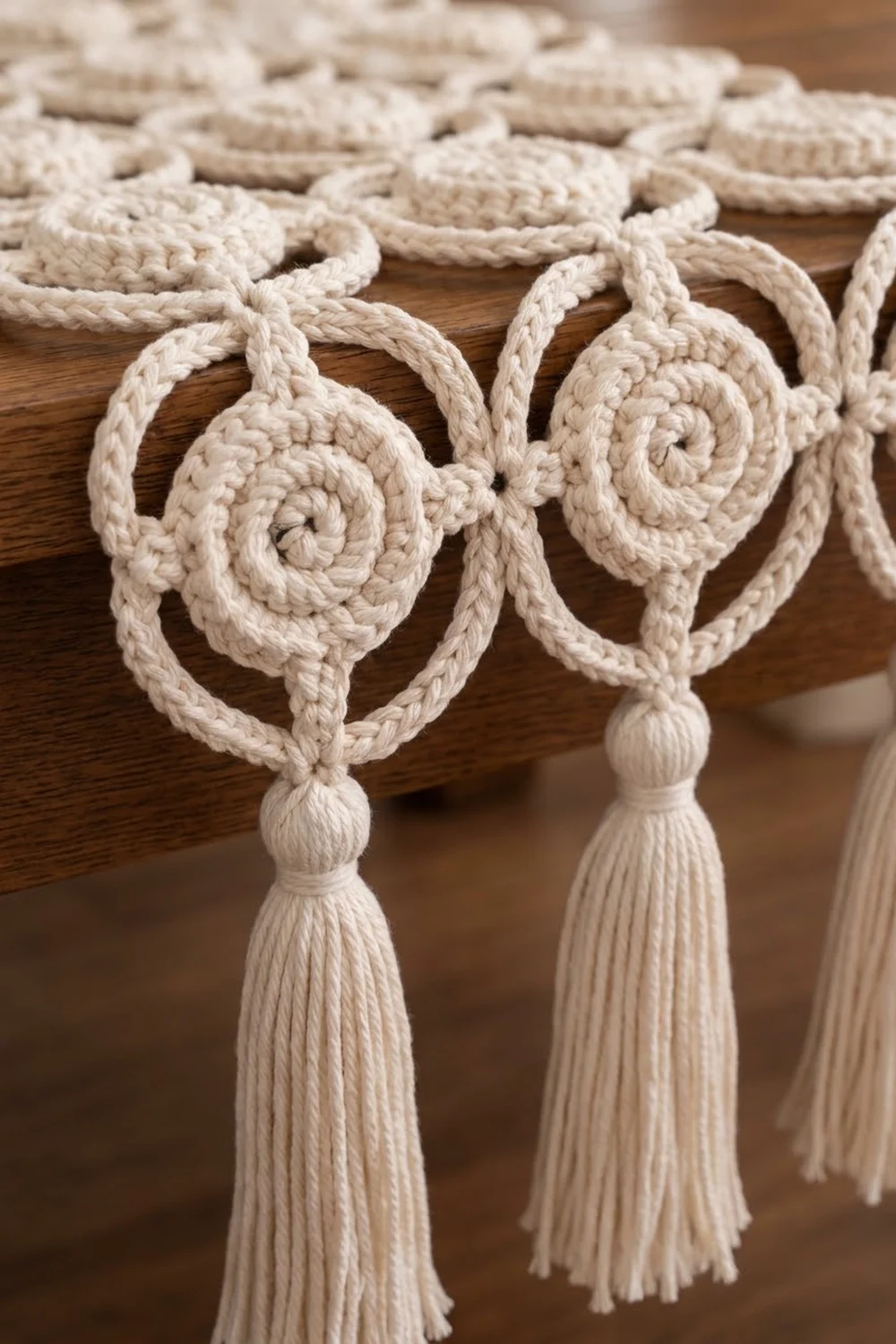 Cream-colored crocheted trim with ornate spiral motifs and hanging tassels draped over natural wood.