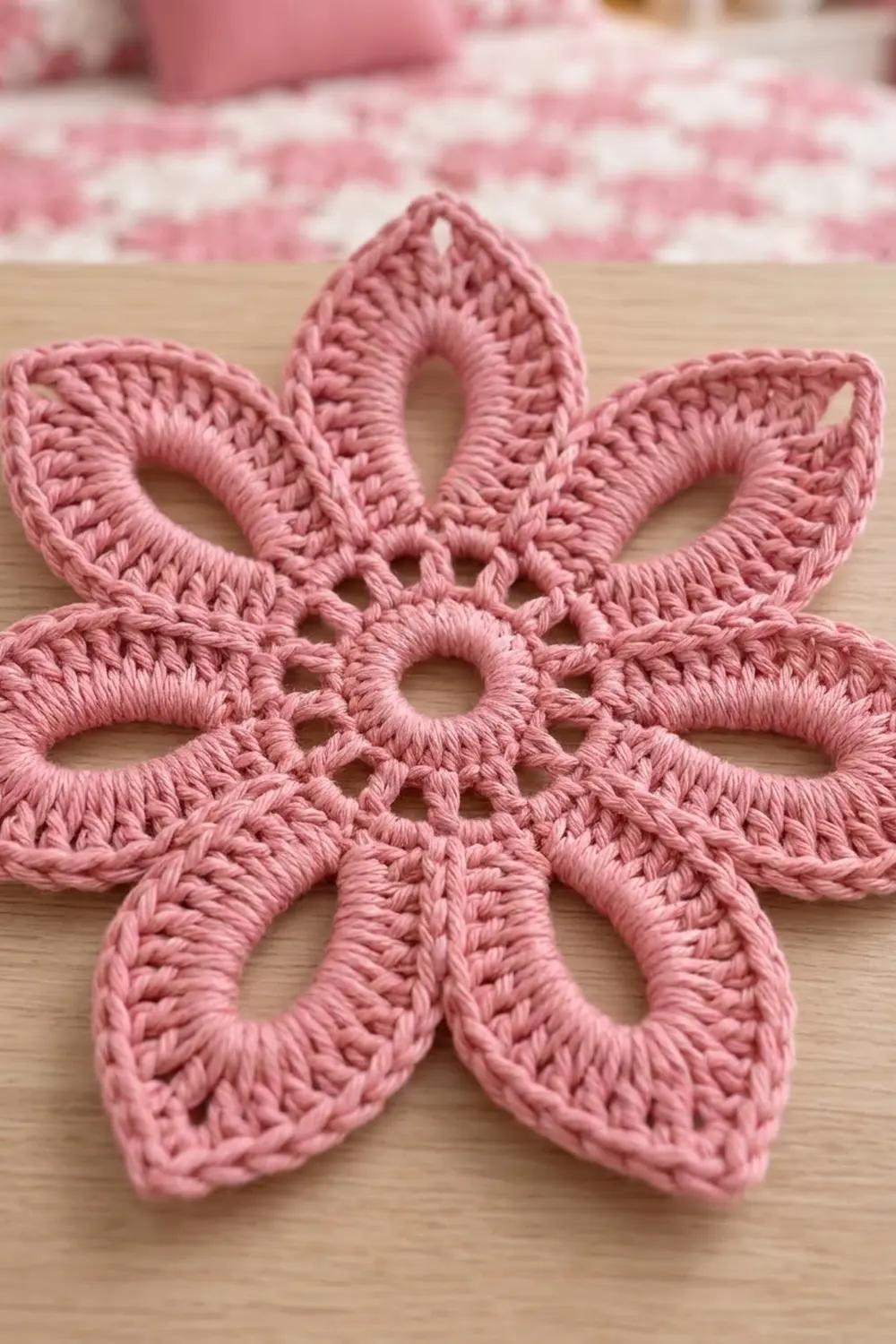 Pink crocheted six-petaled flower with intricate openwork stitching displayed on light wood beside striped crochet background.