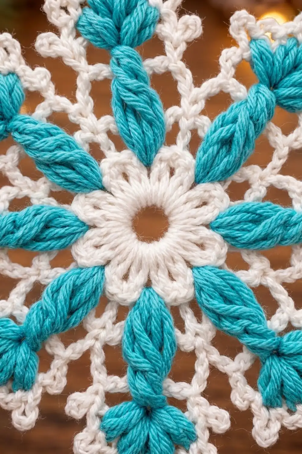 Crocheted turquoise and white geometric flowers with twisted rope texture against a warm brown background.