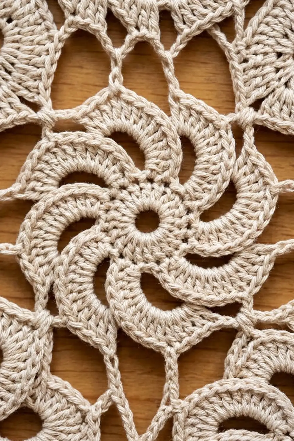 Detailed cream lace crochet with intricate openwork creating organic shapes on wooden surface.