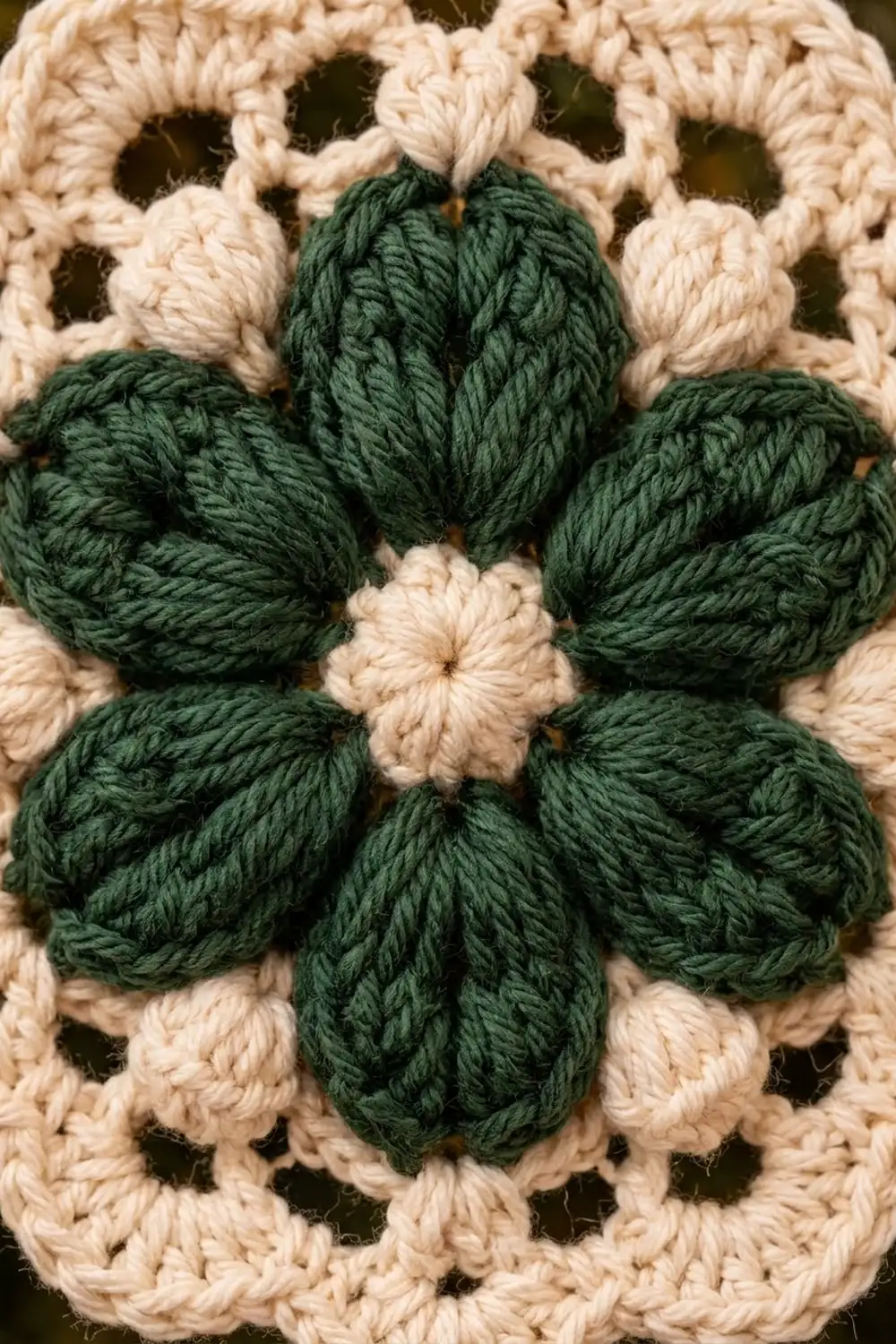 Crocheted flower with forest green petals and cream center set against open ivory lacework.