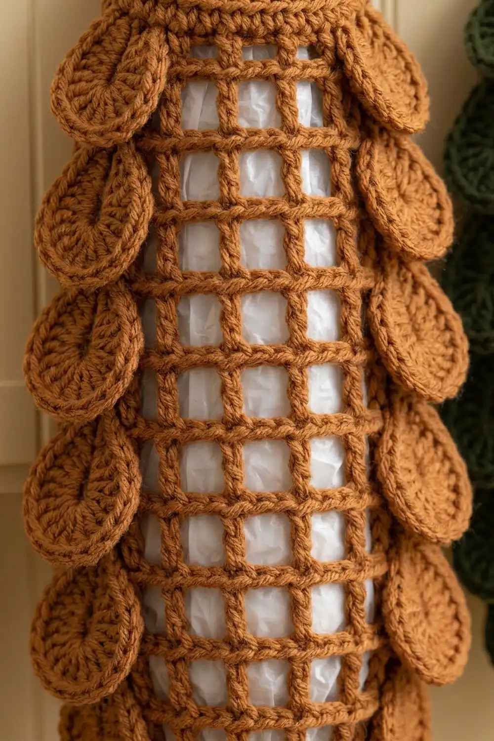 Tan crocheted owl detail showing textured bobbled sides and an openwork grid-stitch center creating geometric patterning.
