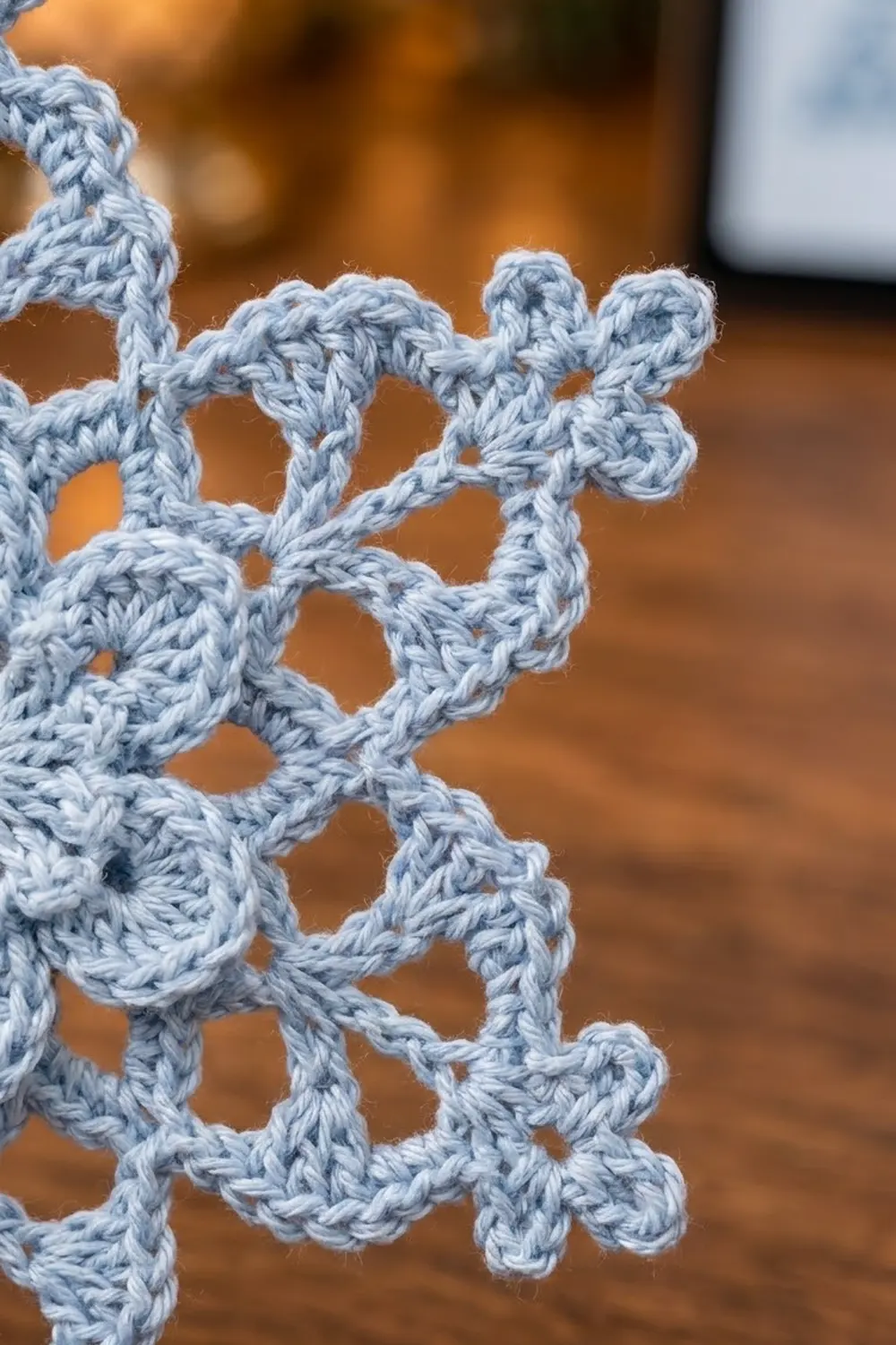 Light blue crocheted lace with delicate geometric openwork pattern against a warm blurred brown background.