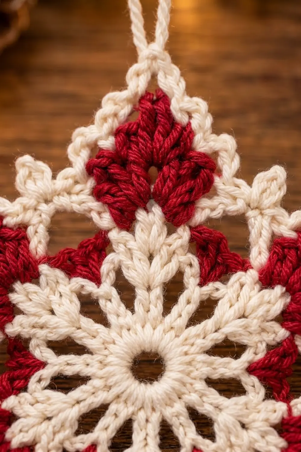 Red and cream crocheted star ornament with twisted petals, hanging from white cord against a warm wooden background.