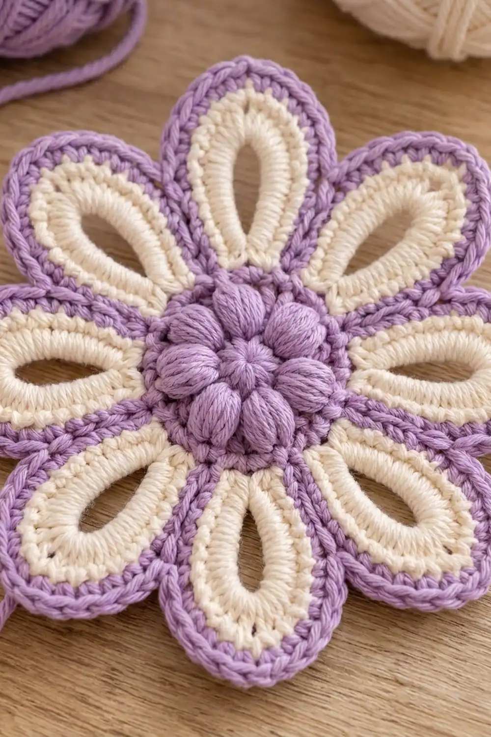 Close-up of a crocheted flower with purple outer petals, cream-colored loops, and a textured center on wood.