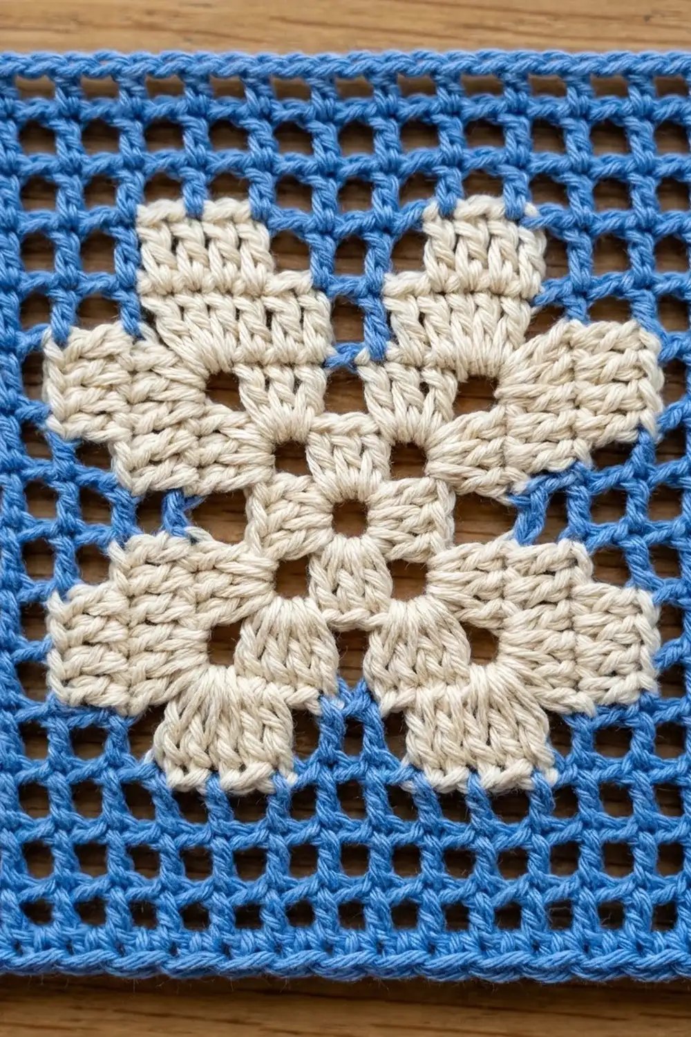 Delicate cream snowflake pattern crocheted onto bright blue openwork fabric against a wooden background.