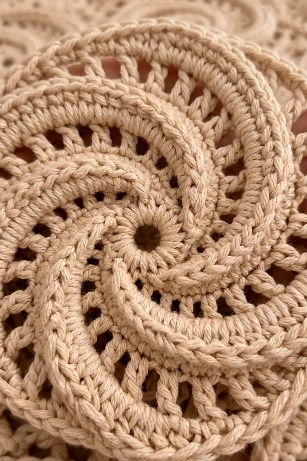 Cream-colored crocheted lace fabric with open geometric pattern showing twisted yarn strands and intricate stitching detail.