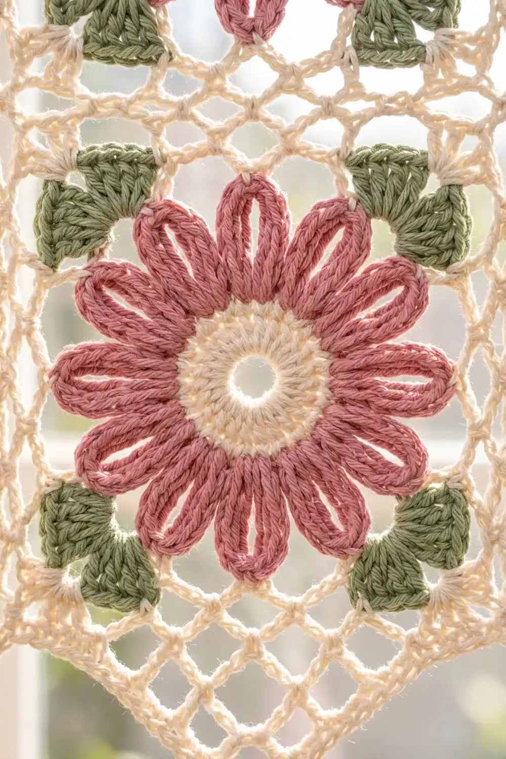 Handmade crochet flower with pink ruffled petals and cream center on openwork beige lattice with sage green corner squares.