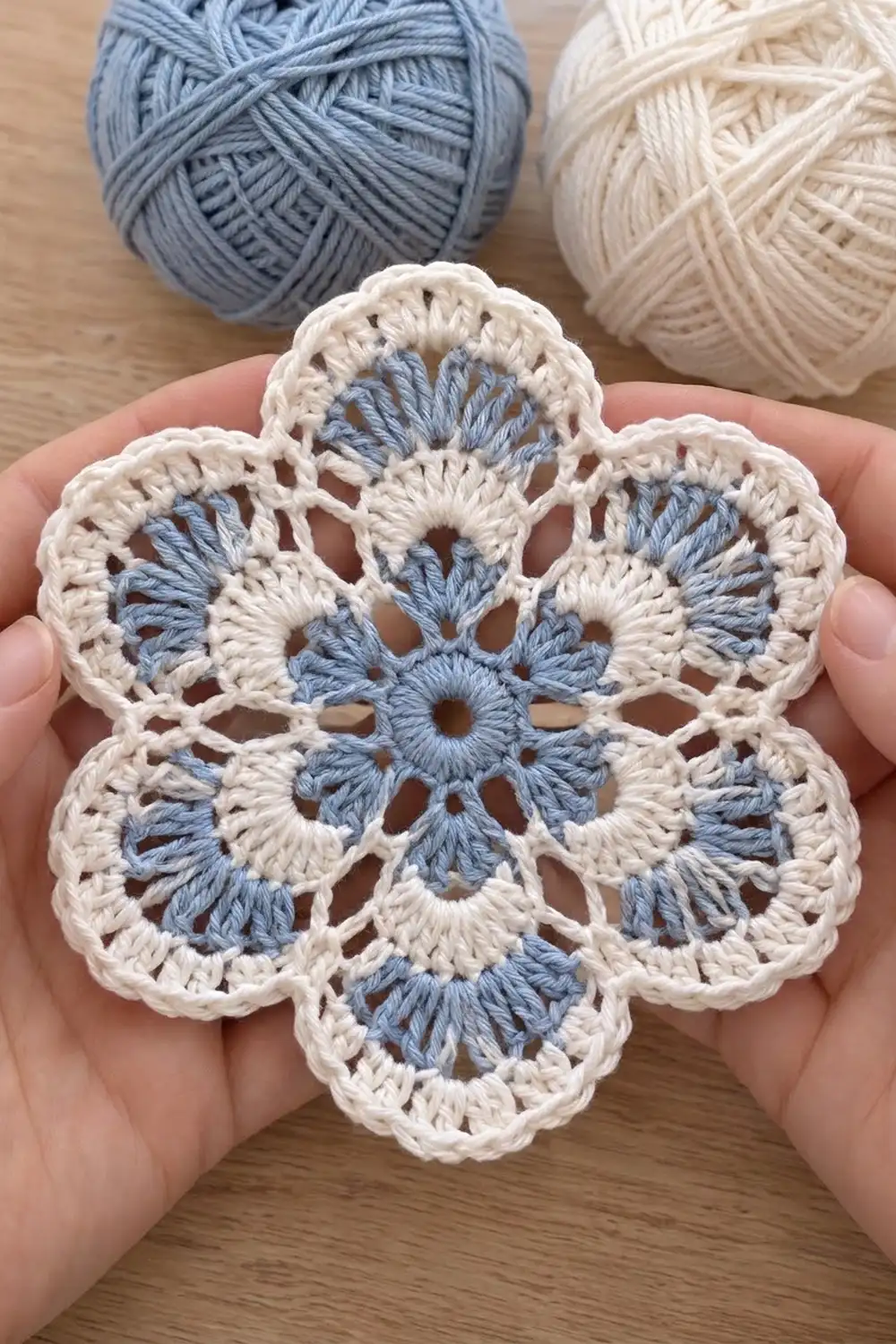 Delicate lace-patterned crochet flower in blue and cream held in a hand, with coordinating yarn balls blurred in the background.