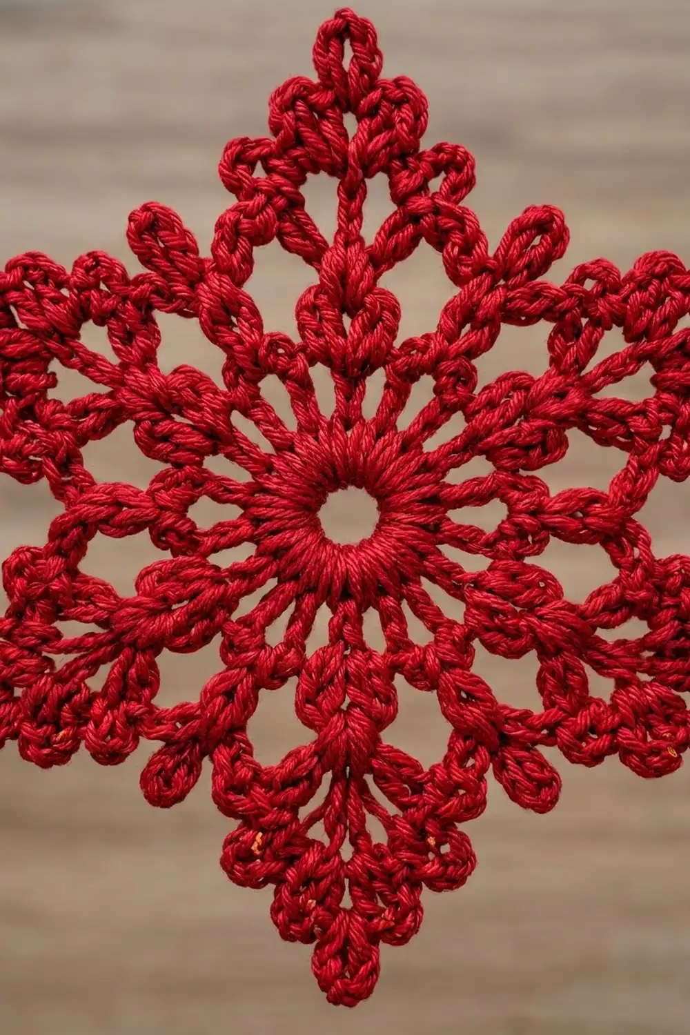 A bright red crocheted snowflake with textured looped stitches displayed against a soft, blurred beige background.