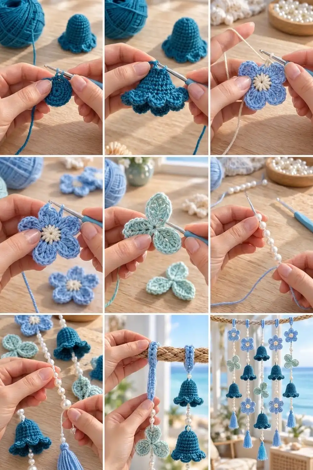 Hands assembling small crocheted flowers and bells in shades of blue and green with pearl beads.