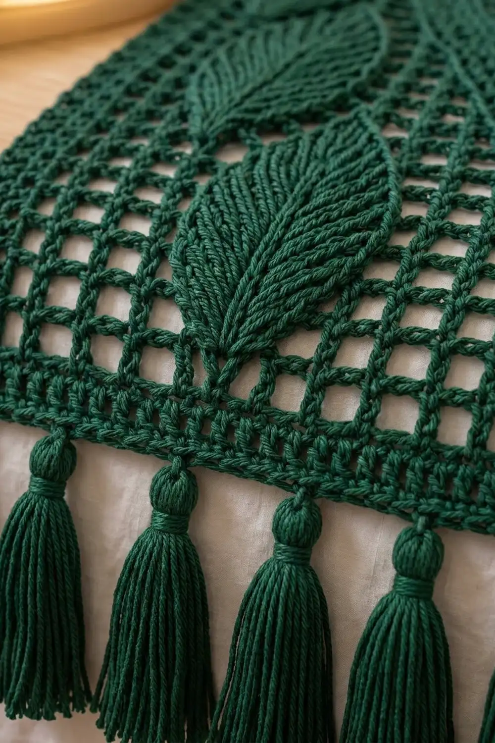 Forest green crocheted fabric with openwork mesh pattern and dense knotted tassel fringe edging.