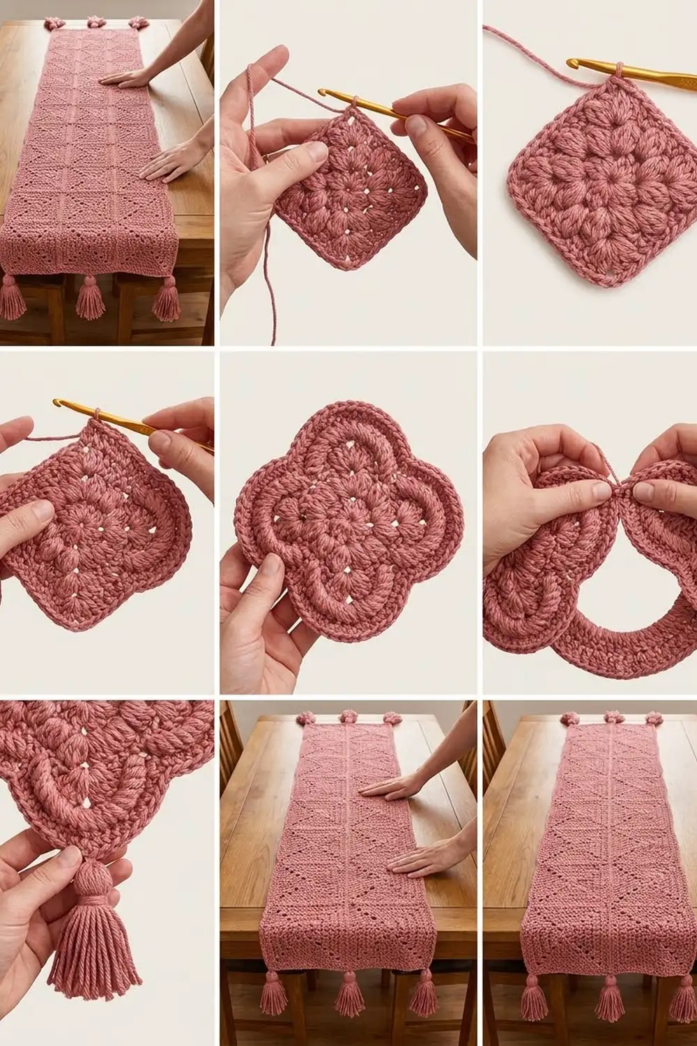 Crochet pattern details showing mauve-pink squares and four-petal motifs being worked with a brass hook and hands.