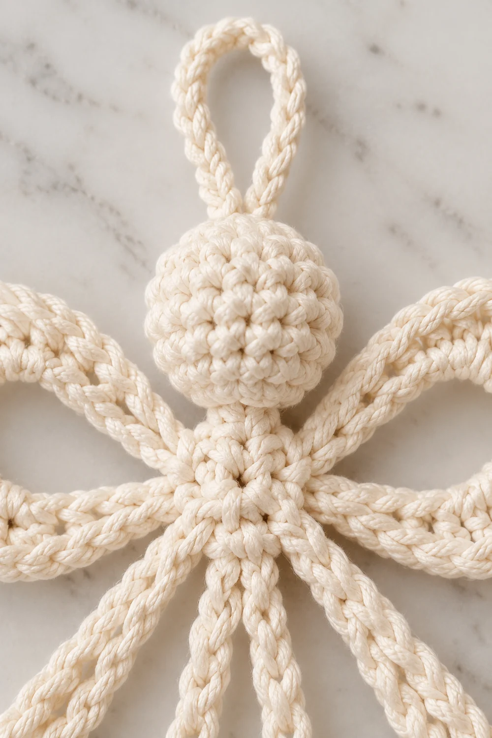 Cream-colored macramé snowflake ornament with braided rope and knotted spheres on marble background.