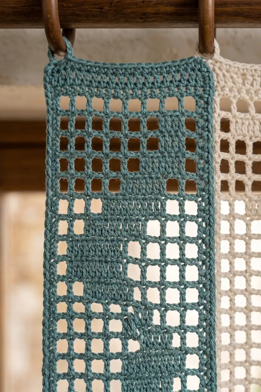 Teal and cream crocheted pieces with an open-work grid pattern hanging from wooden dowels in a natural setting.