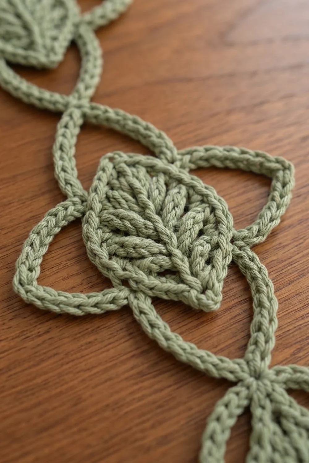Sage green crocheted cord with braided decorative bow knot on warm wooden surface.