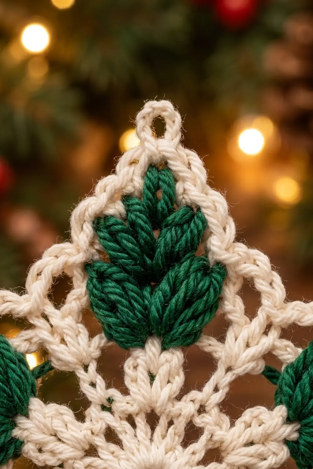 Close-up of handmade crocheted Christmas ornament featuring dark green tree motif framed in cream-colored rope against warm blurred lights.