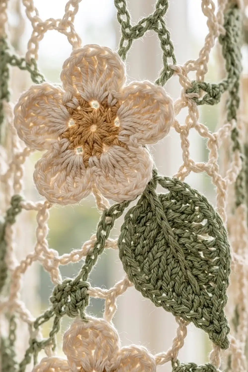 Crocheted flower with cream petals, golden-brown center, and green leaf suspended by interconnected tan and green chains.