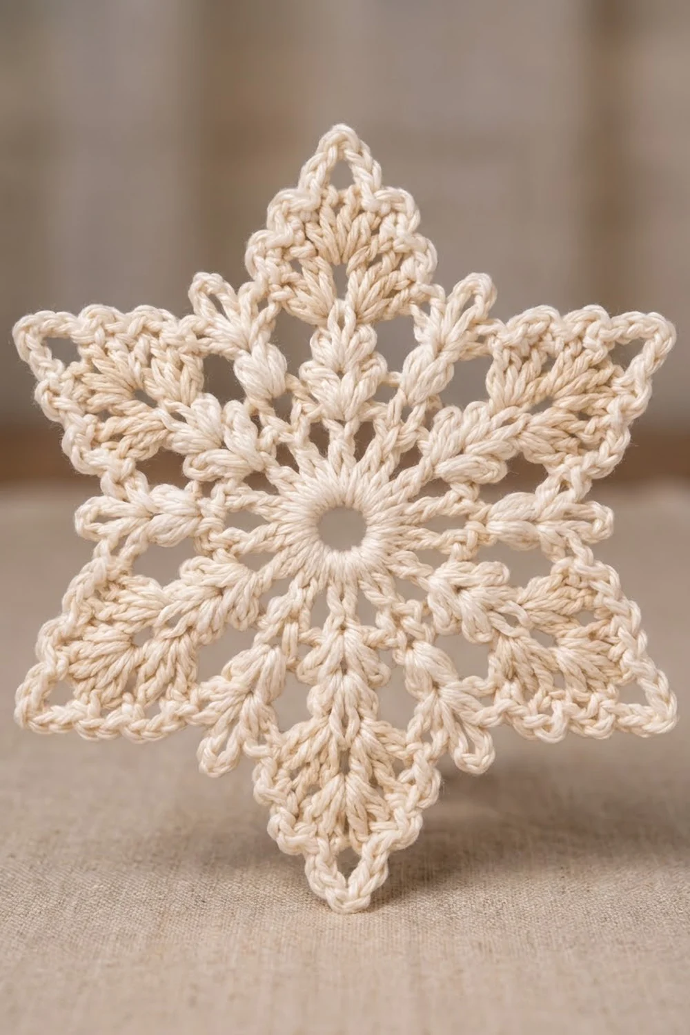 Cream crocheted snowflake ornament with intricate lacy openwork detail, photographed against a soft blurred tan background.