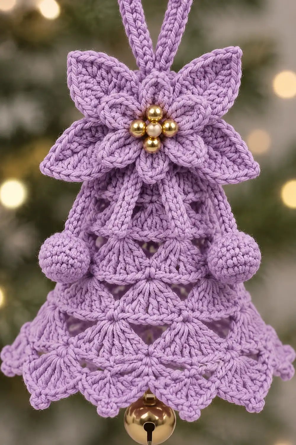 A lavender crocheted bell ornament with a gold flower topper and jingle bell, hanging against a blurred Christmas tree background.