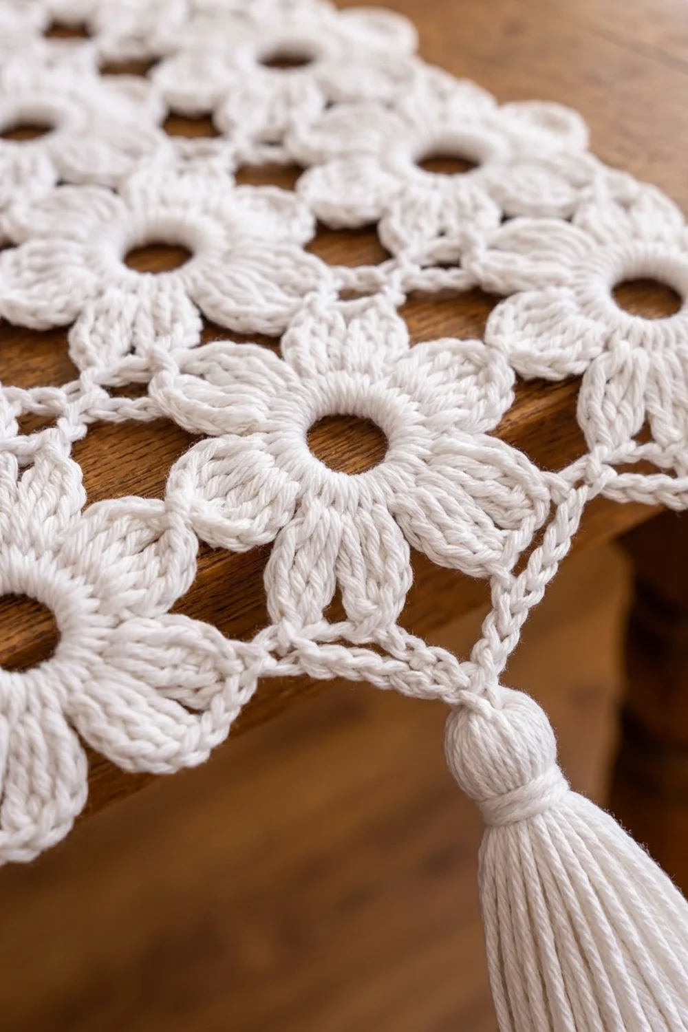Close-up of white crocheted lace featuring delicate flower motifs with open centers resting on warm wooden surface.