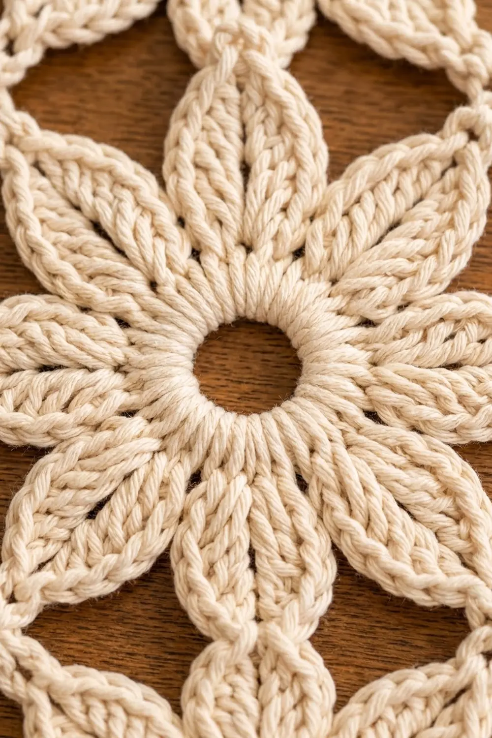 Close-up of braided cream rope arranged in flower shapes with hollow centers displayed on warm brown wood.