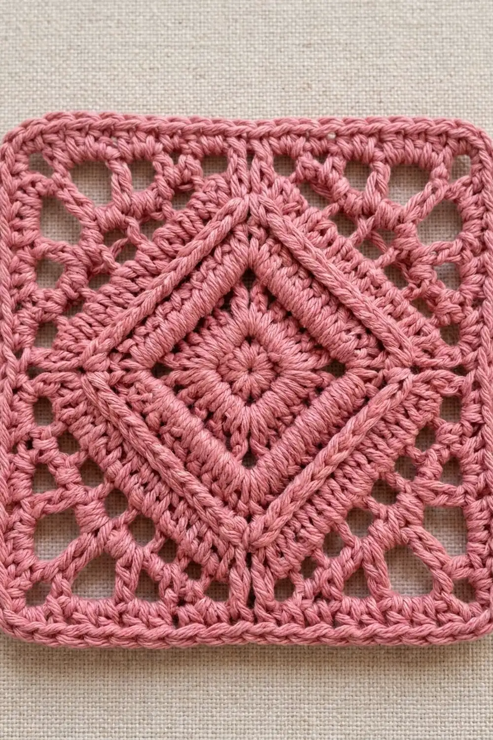 Mauve-pink crocheted lace with geometric openwork pattern, positioned on neutral beige fabric.