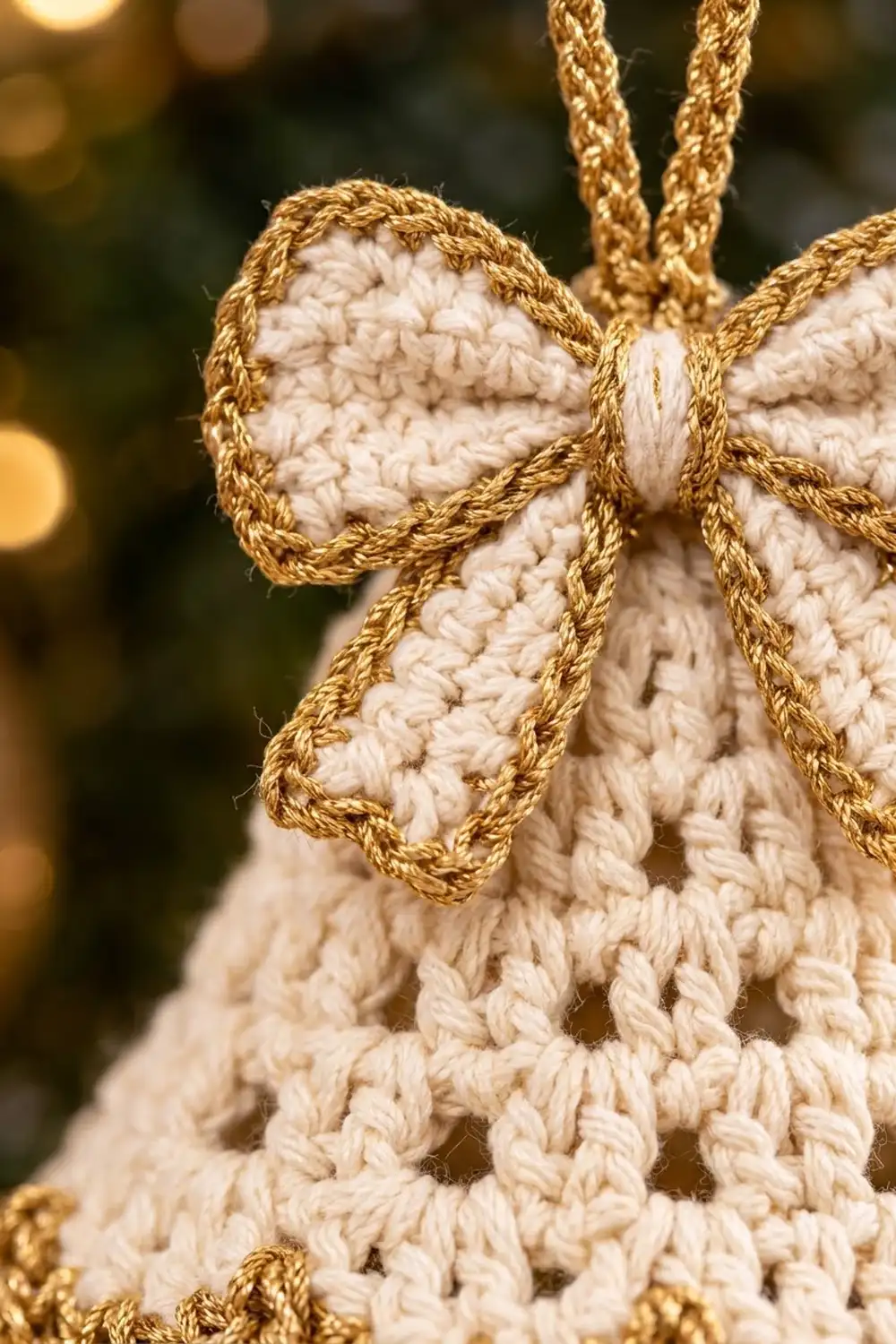 Cream crocheted textile with gold metallic cord trim and bow, photographed with warm bokeh lighting.