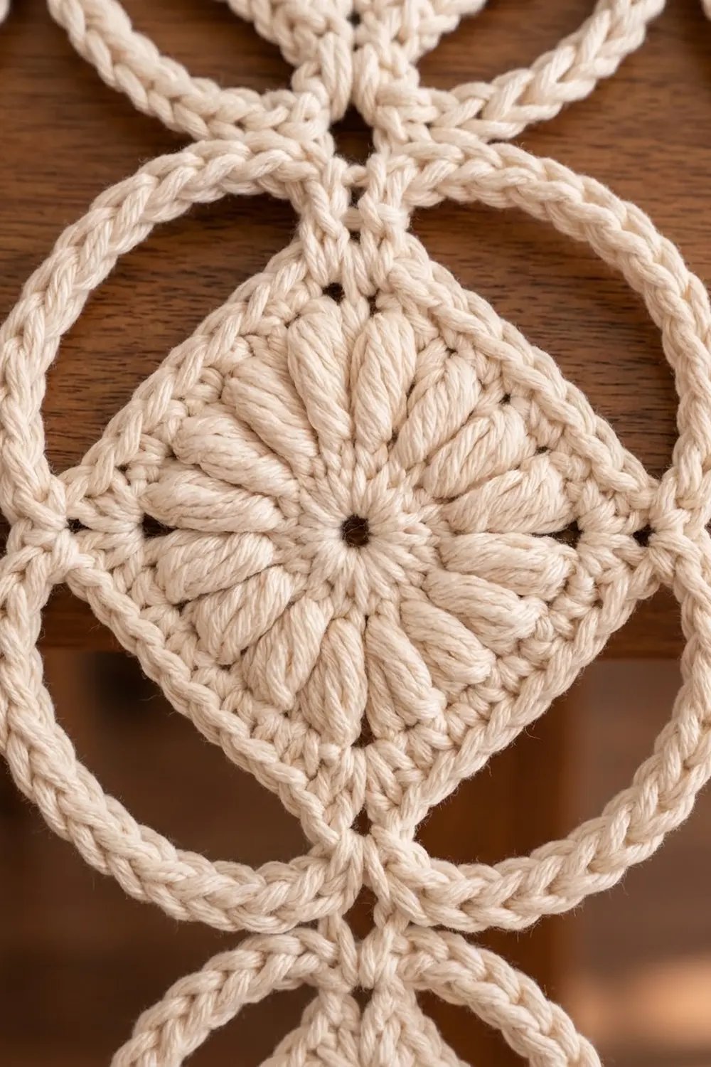Close-up of cream-colored crocheted diamond ornament with intricate geometric radiating pattern on warm wood.