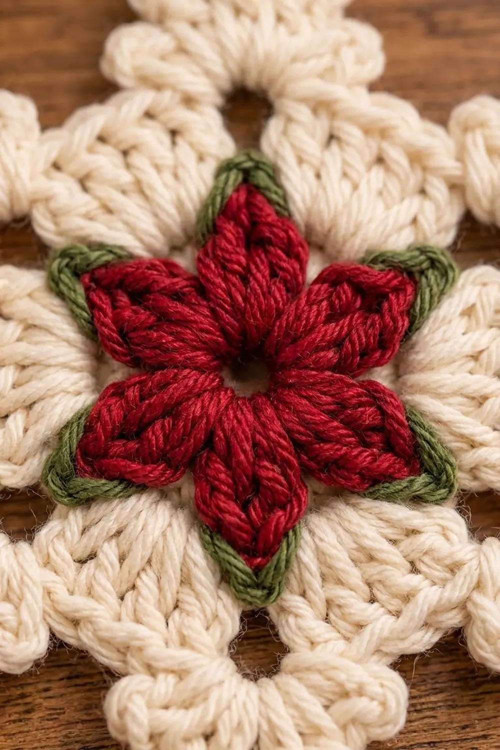 A crocheted red flower with green leaves sits atop cream-colored petals on a wooden surface.