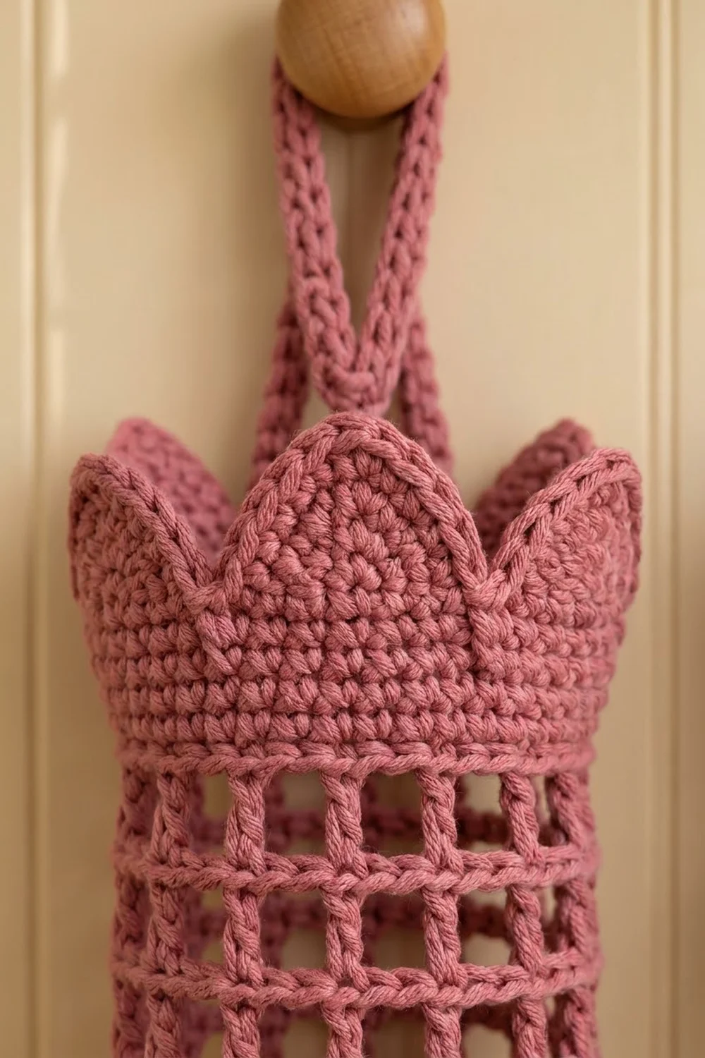 A pink crocheted amigurumi with a wooden bead head, pointed crown, braided rope accent, and lattice stitching on cream wall.
