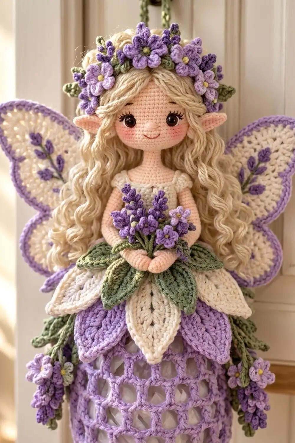 Crocheted fairy doll with blonde hair, purple flower crown and wing details, holding purple blooms against neutral background.
