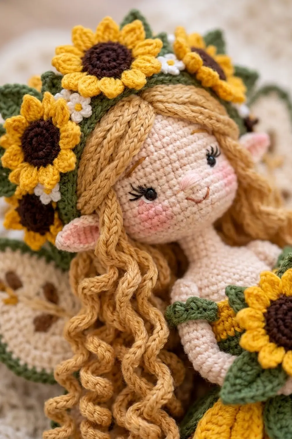 Crocheted doll face with golden braided yarn hair surrounded by vibrant yellow sunflowers and white daisies with green leaves.