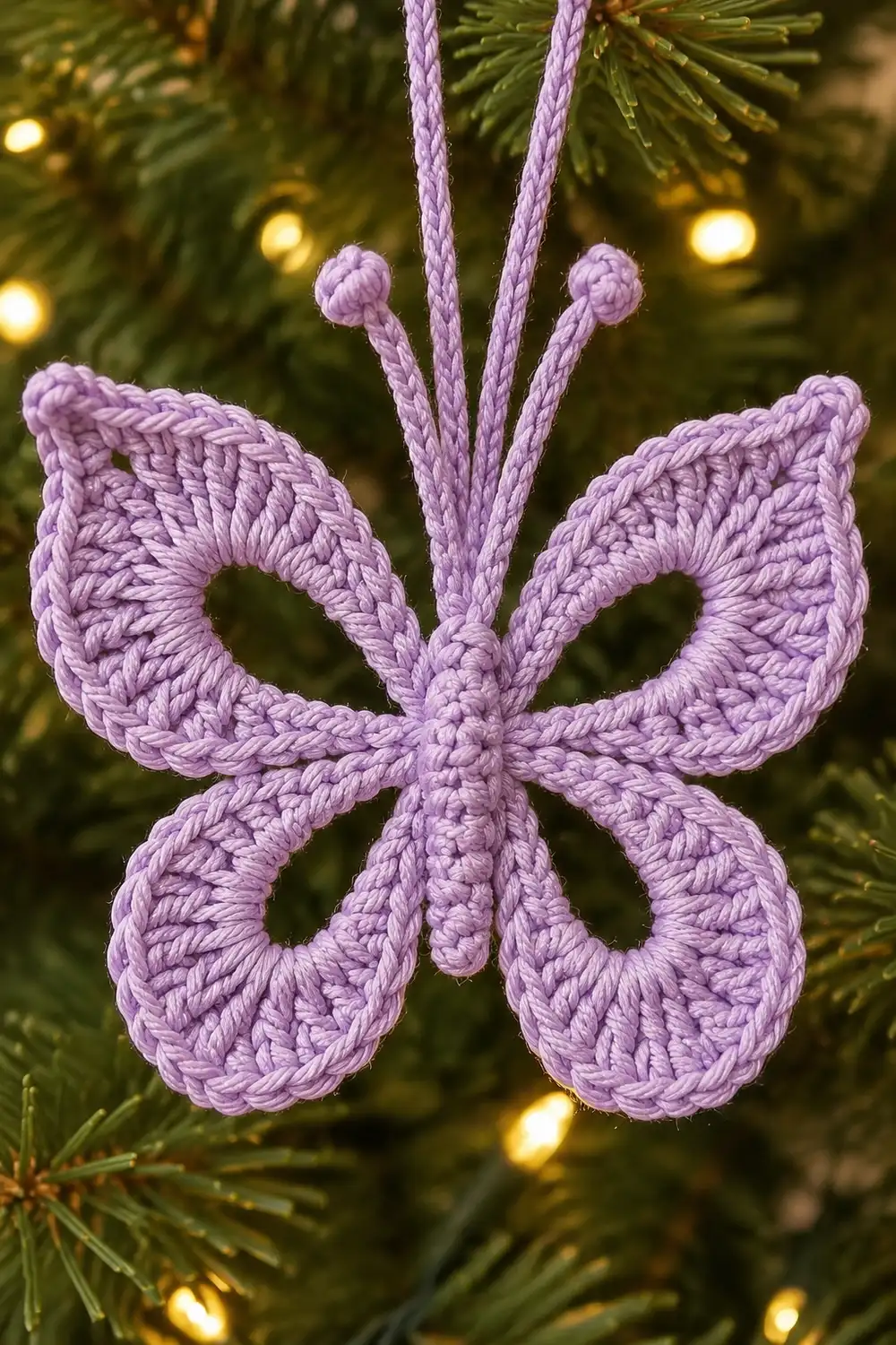 A lavender crocheted butterfly ornament hangs from purple strings against evergreen branches and warm lights.