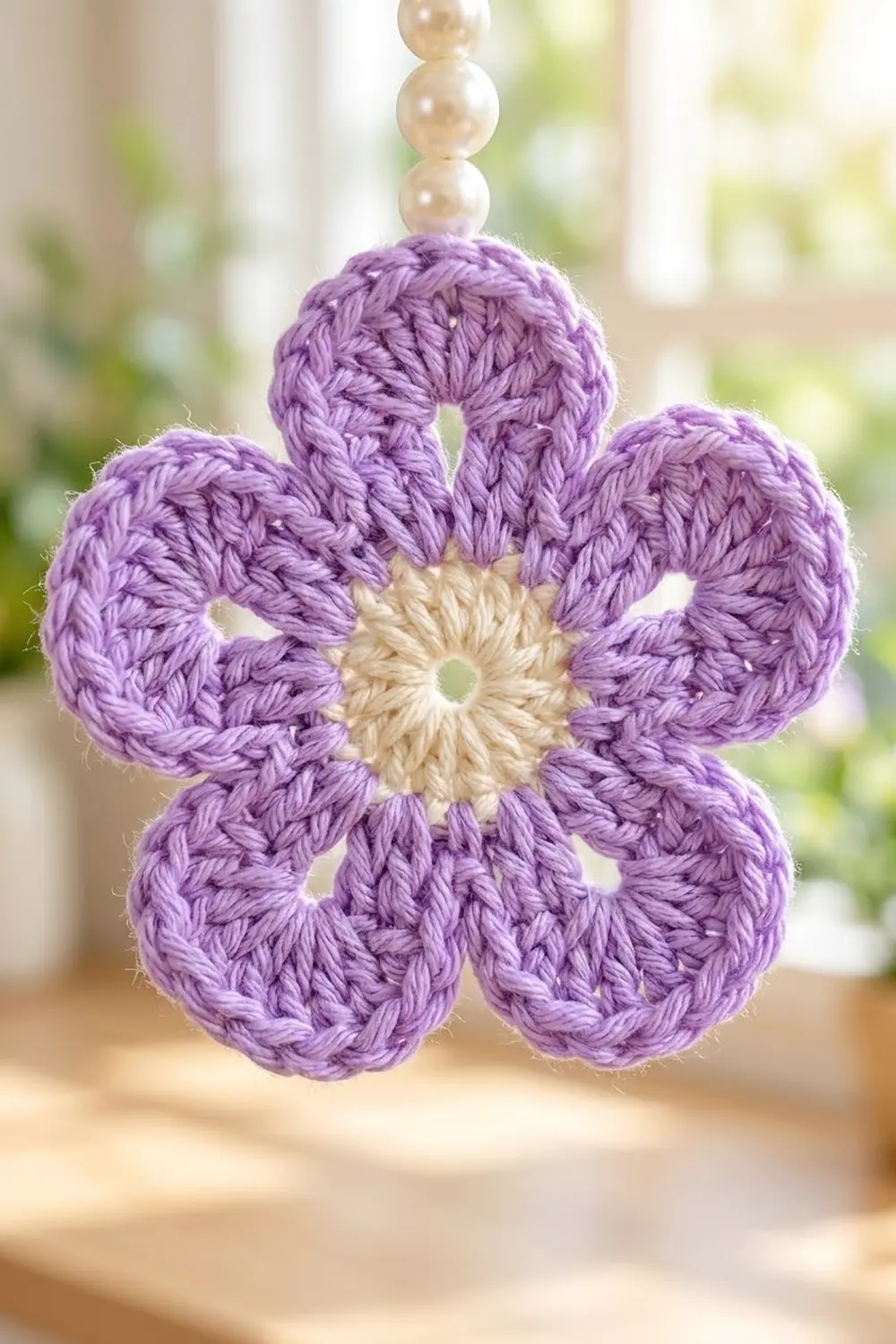 Crocheted purple flower with cream center and pearl bead stem, hanging in front of a blurred sunny window.