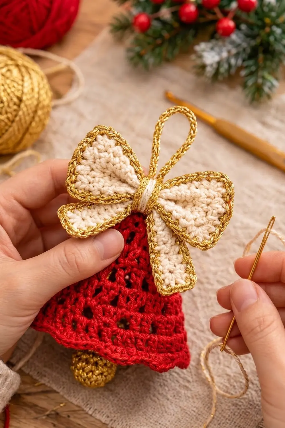 Crocheted candy cane ornament in cream and red with gold trim and bow, held over a holiday crafting workspace.