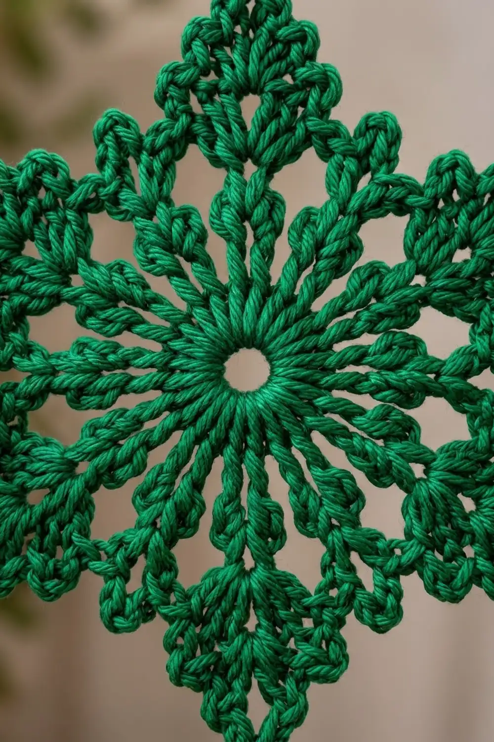Close-up of a bright emerald green crocheted snowflake with intricate twisted stitch detail against a soft background.