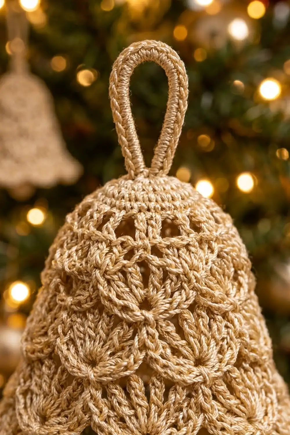Cream crocheted bell ornament with openwork pattern and braided loop, displayed against warm holiday bokeh lights and evergreen branches.