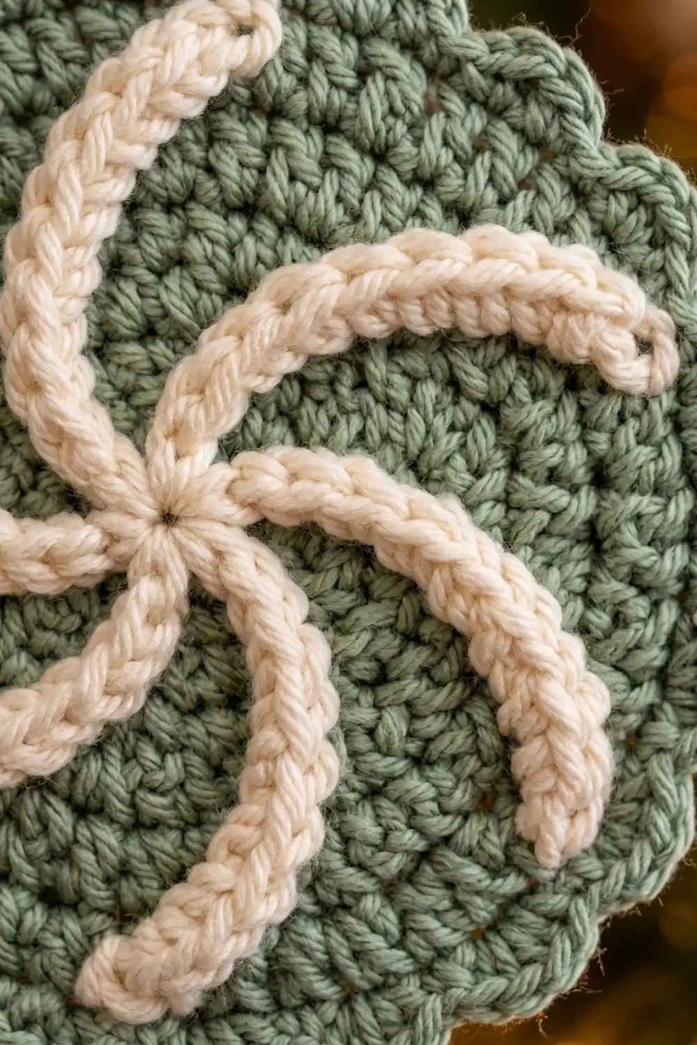 Cream rope trim winds across sage green crocheted fabric in decorative loops.
