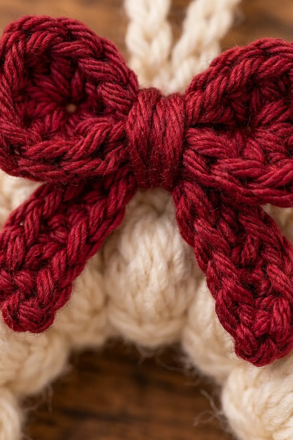 Burgundy crocheted bow detail tied at center with twisted strands on soft cream-colored background.