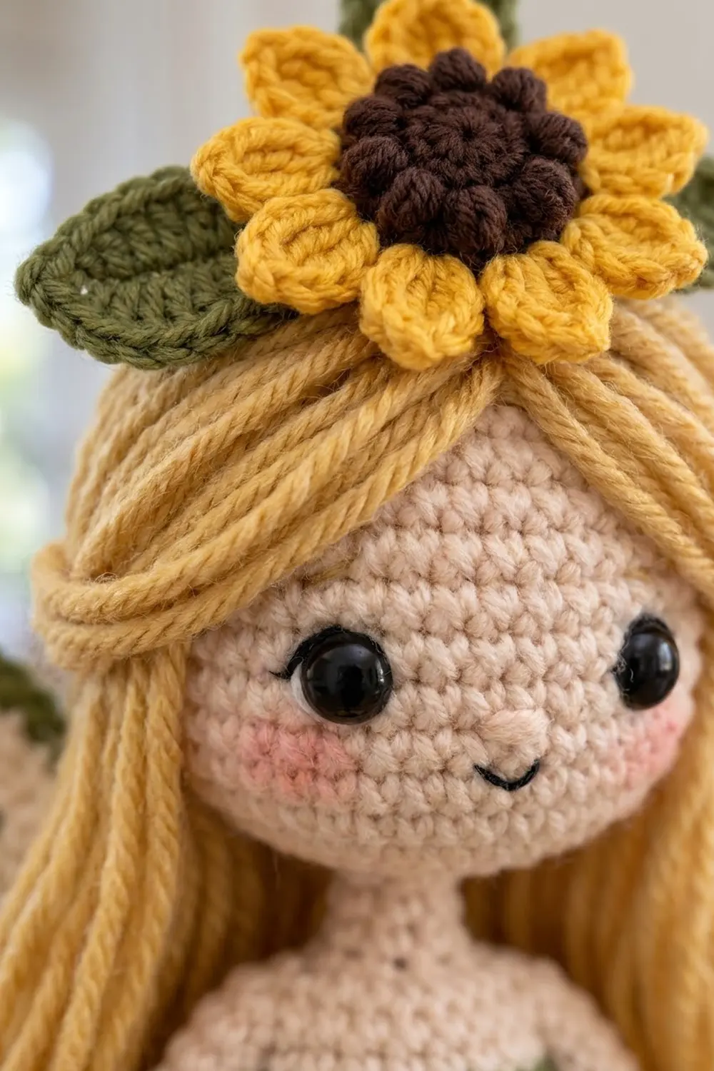 Crocheted doll with cream face, golden hair, and a yellow sunflower with dark brown center.