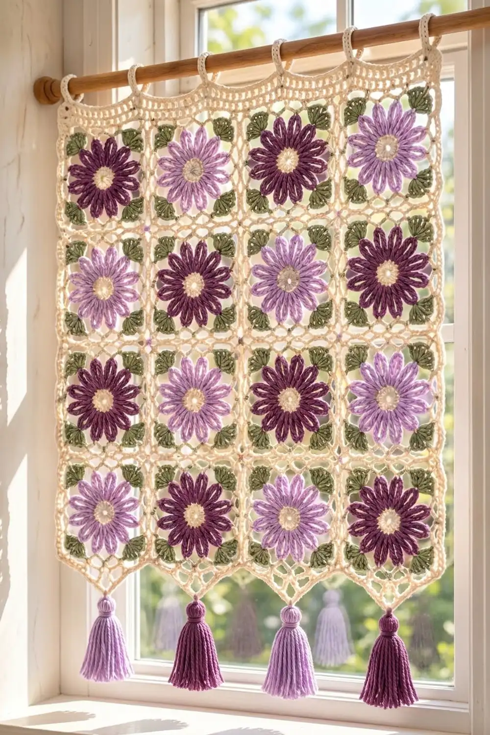 Crocheted window curtain with embroidered purple daisies and green leaves on cream lace, hanging with purple tassels.