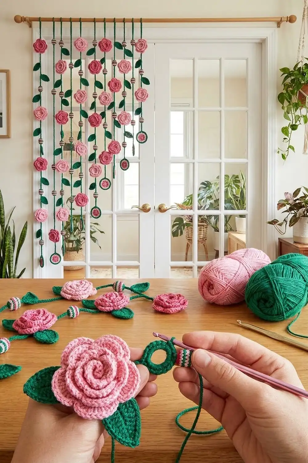Hand holding a detailed pink crocheted rose with green leaves against a wooden workspace scattered with green yarn and blooms.