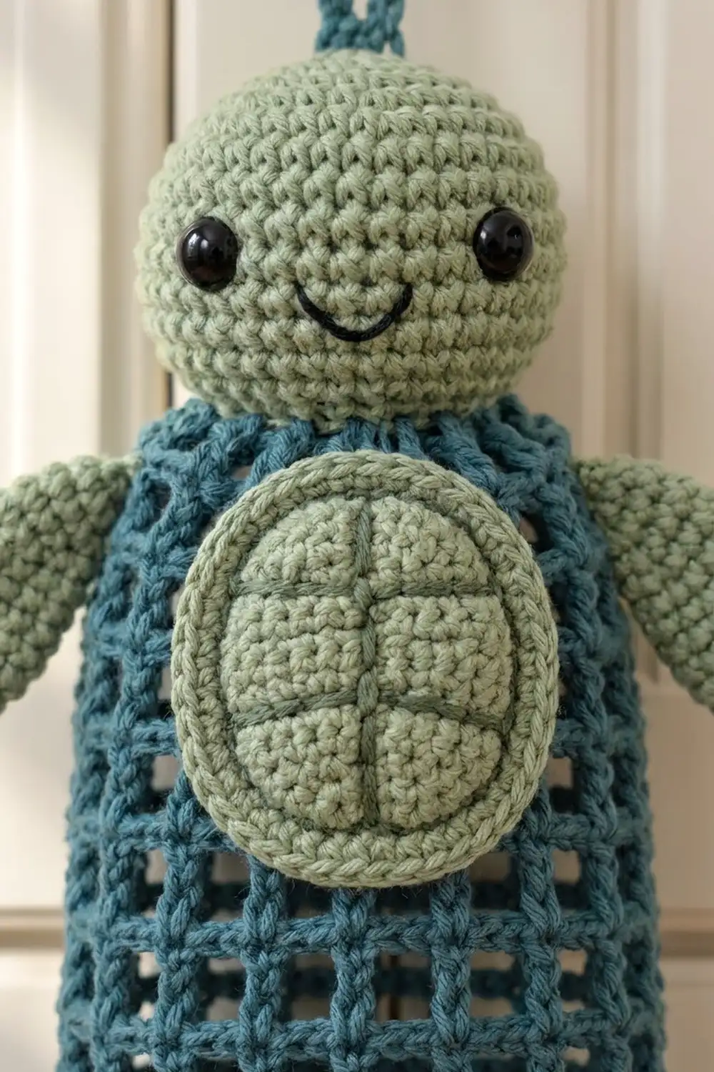 Cute crocheted turtle with pale green head, textured teal body, and cream shell on neutral backdrop.