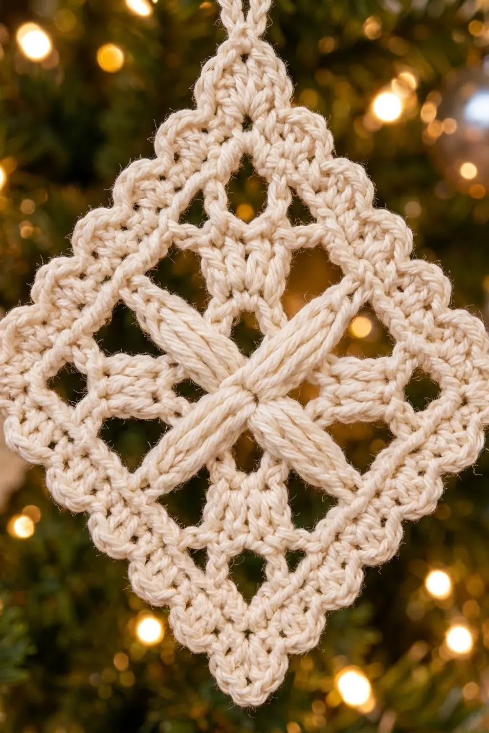 Handmade cream-colored crocheted snowflake ornament suspended against warm golden bokeh lights and evergreen foliage.
