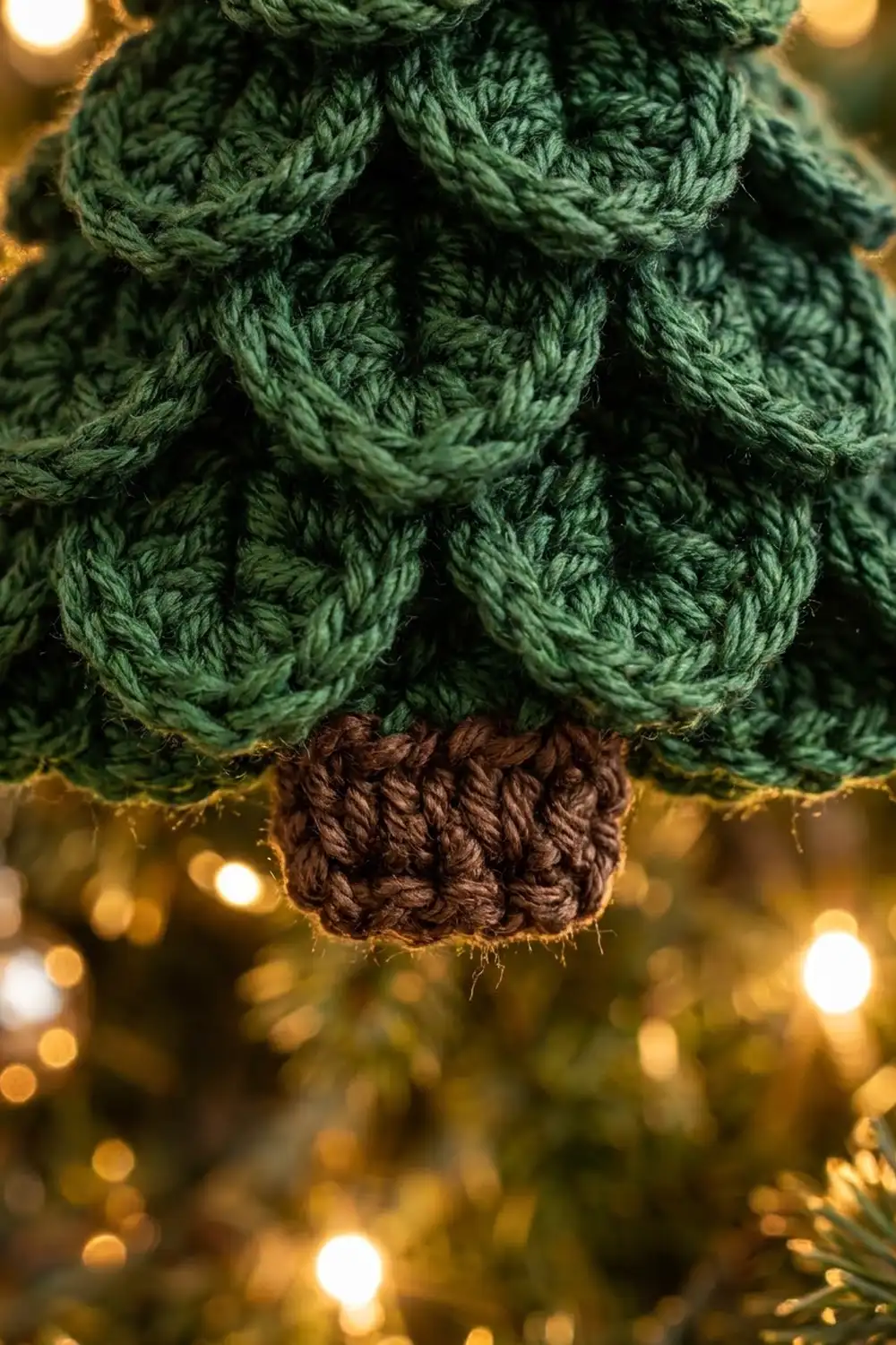 Detailed close-up of dark green cable crochet stitches with brown trim against warm golden bokeh background.
