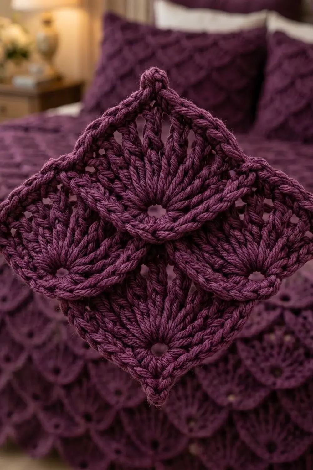 Deep purple crochet square with lacy diamond openwork pattern, part of a larger matching blanket.