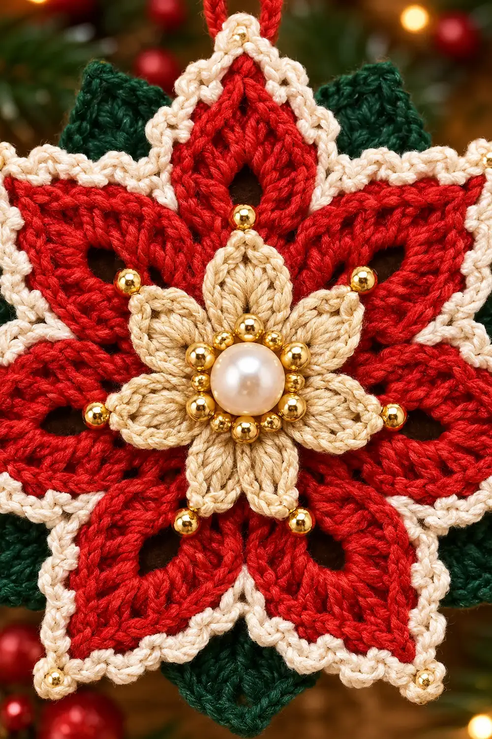 Crocheted red poinsettia ornament with cream petals, pearl center, and gold beads on festive background.