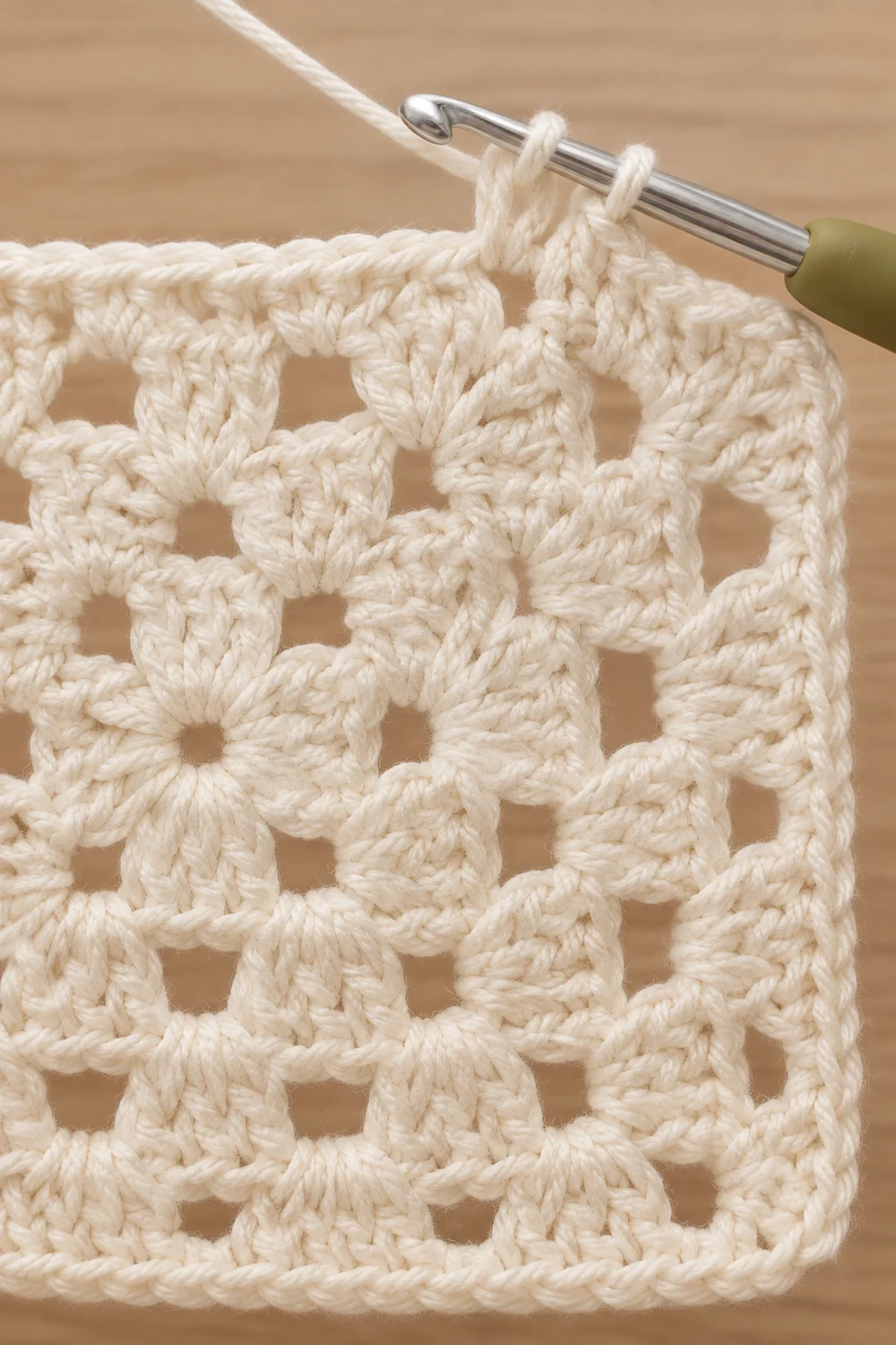 Cream-colored crochet square with open lacework pattern on metal hook against wooden background.
